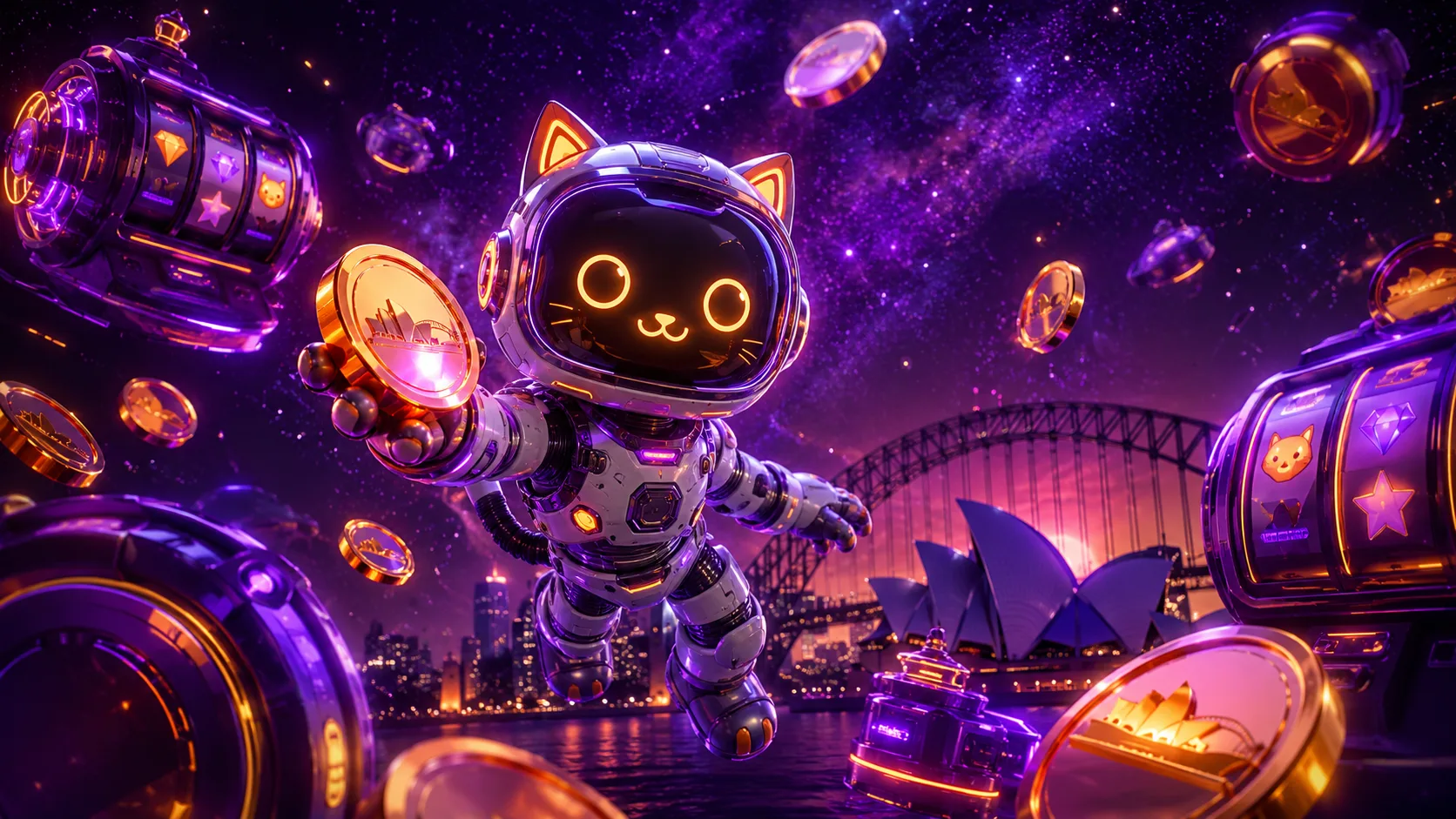 RoboCat astronaut floating among neon slot machines with Sydney Opera House silhouette